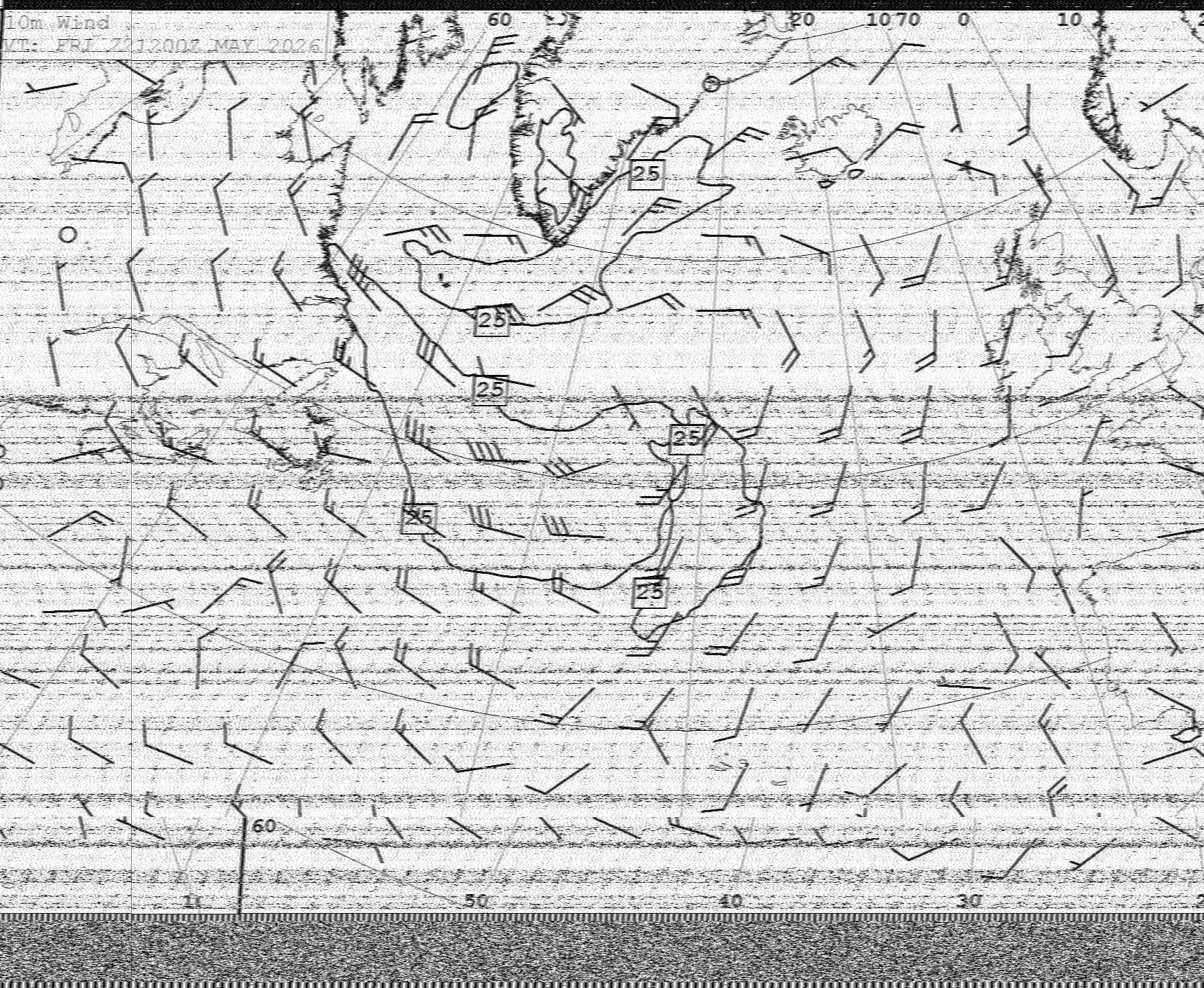 Decoded 10 m wind forecast chart, North Atlantic, received from Northwood UK on 22 May 2026 12:00 UTC. Wind barbs and isotachs over Greenland, Iceland and the British Isles.